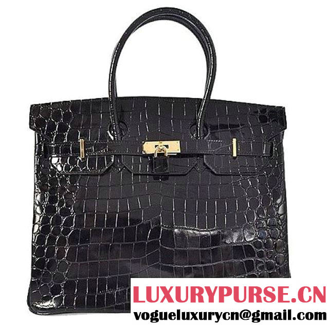 Hermes Birkin 35CM Black Shiny Croco Leather Tote Bag Gold