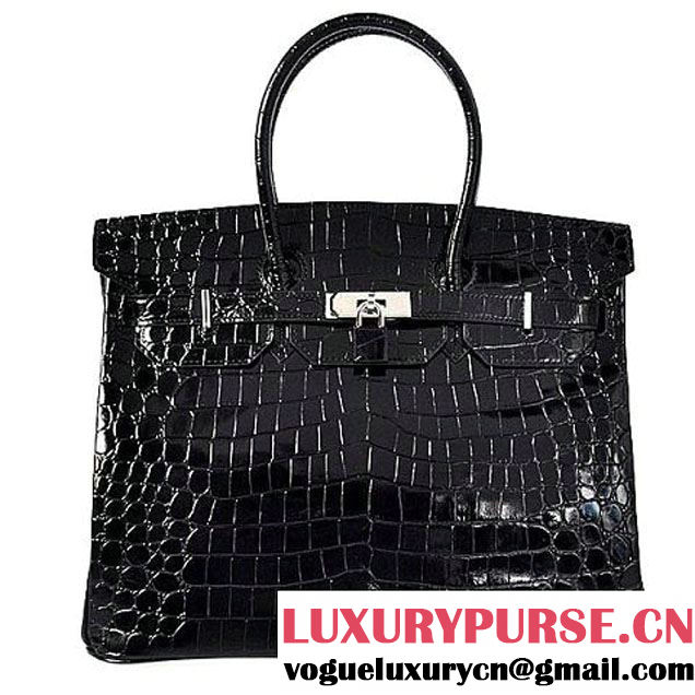 Hermes Birkin 35CM Black Shiny Croco Leather Tote Bag Silver