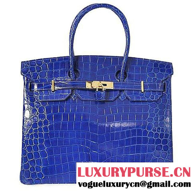 Hermes Birkin 35CM Blue Shiny Croco Leather Tote Bag Gold