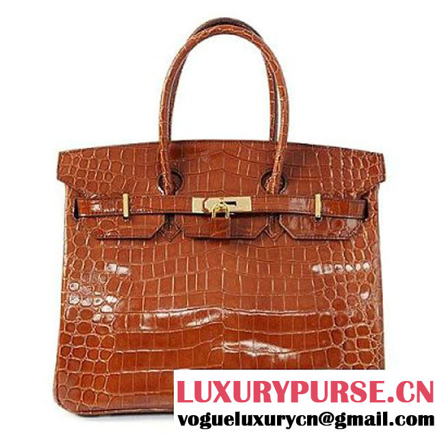 Hermes Birkin 35CM Tote Bag Shiny Croco Brown Leather H35 Gold