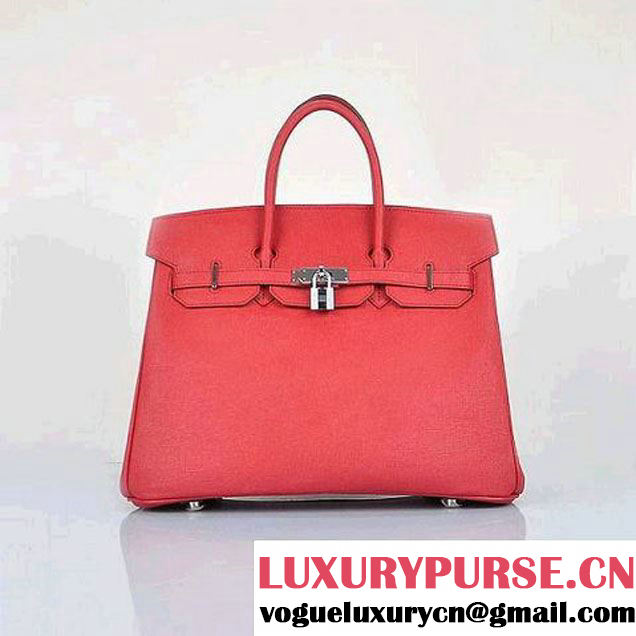 Hermes Birkin 35CM Red Saffiano Leather Tote Bag Silver