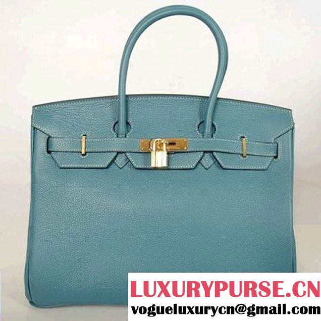 Hermes Birkin 35CM Tote Bags Smooth Togo Leather Blue Golden