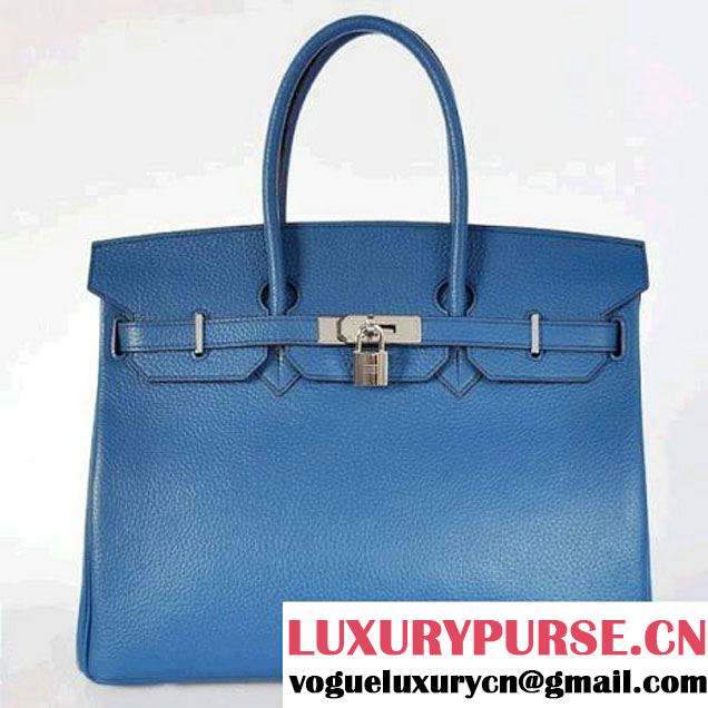 Hermes Birkin 35CM Tote Bags Togo Leather Mid Blue Silver