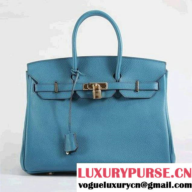 Hermes Birkin 35CM Togo Leather Handbag 6089 Blue Golden