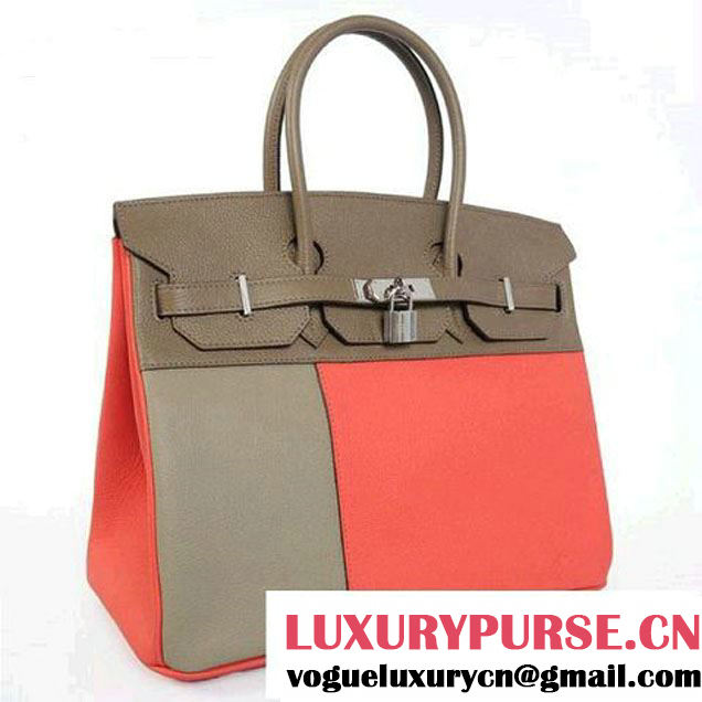 Hermes Birkin 35CM Light Red&Grey Clafskin Leather Tote Bag Silver