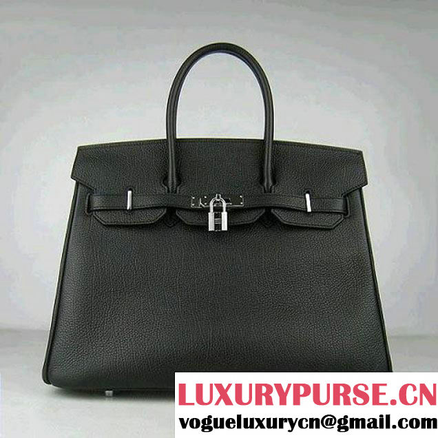 Hermes Birkin 35cm Tendon Veins Leather Bag Black Silver Hardware