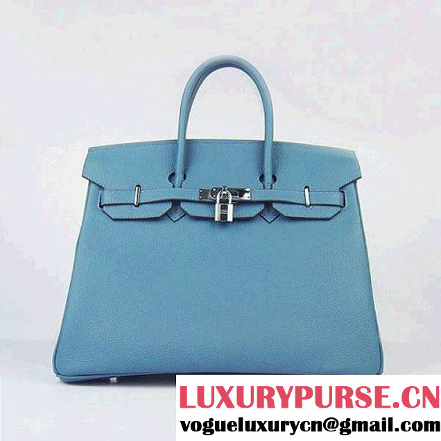 Hermes Birkin 35cm Tendon Veins Leather Bag Blue Silver Hardware