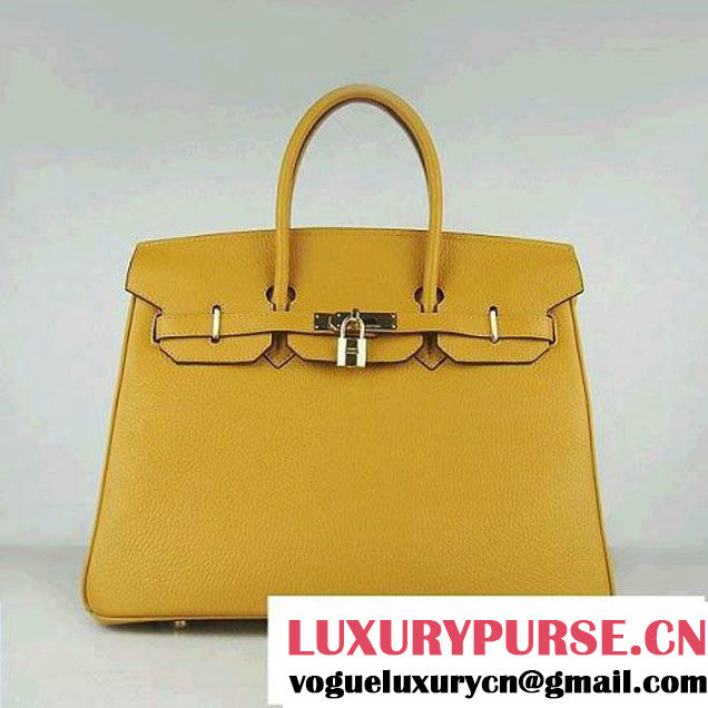 Hermes 35cm Embossed Veins Leather Bag Yellow 6089 Gold Hardware