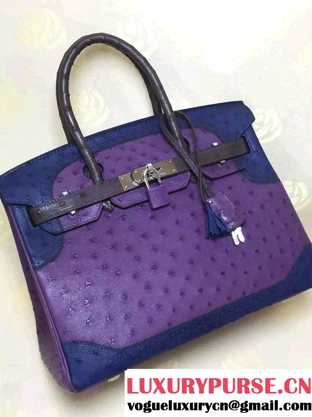 Hermes Ostrich Leather Birkin 30/35 Tricolor Bag Purple/Blue/Black 2015