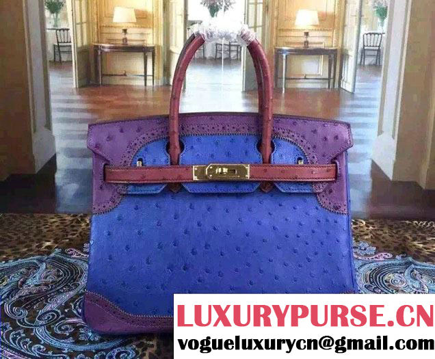 Hermes Ostrich Leather Birkin 30/35 Tricolor Bag Blue/Purple/Red 2015