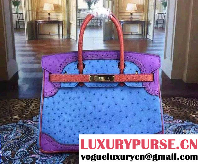 Hermes Ostrich Leather Birkin 30/35 Tricolor Bag Blue/Purple/Orange 2015