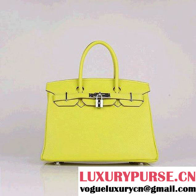 Hermes Birkin 30CM Tote Bags Lemon Clemence Leather Silver