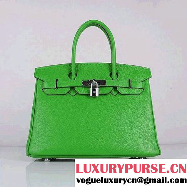 Hermes Birkin 30CM Tote Bags Green Clemence Leather Silver