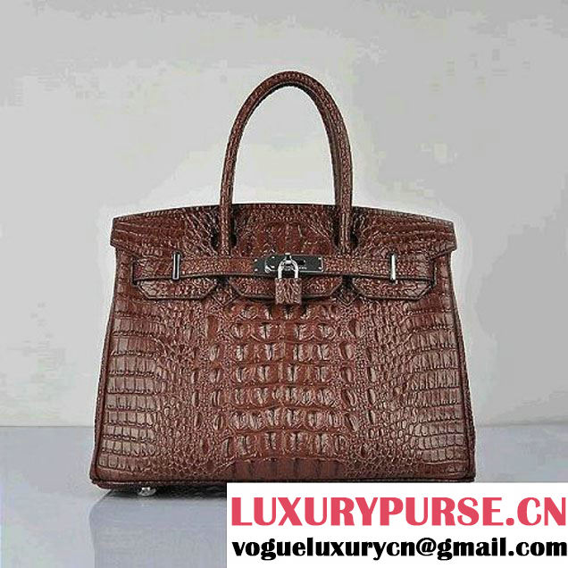 Hermes Birkin 30CM Tote Bag Croco Brown Leather H6088 Silver