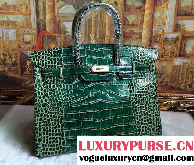 Hermes Birkin 30/35 Crocodile Pattern Leather Bag Green