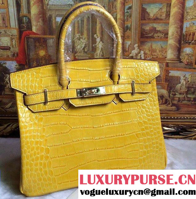 Hermes Birkin 30/35 Crocodile Pattern Leather Bag Yellow