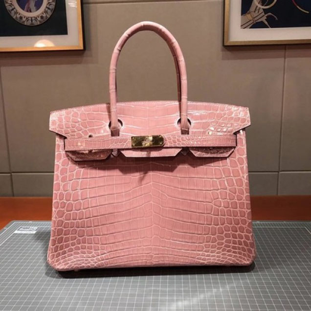 Hermes Birkin 30cm Shiny Niloticus Crocodile Skin Bag Handstitched Palladium Hardware, Rose Sakura 3Q