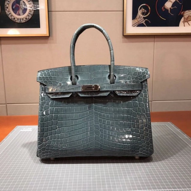 Hermes Birkin 30cm Shiny Niloticus Crocodile Skin Bag Handstitched Palladium Hardware, Blue Jean CK75