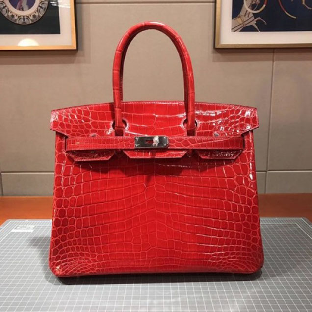 Hermes Birkin 30cm Shiny Niloticus Crocodile Skin Bag Handstitched Palladium Hardware, Geranium D5