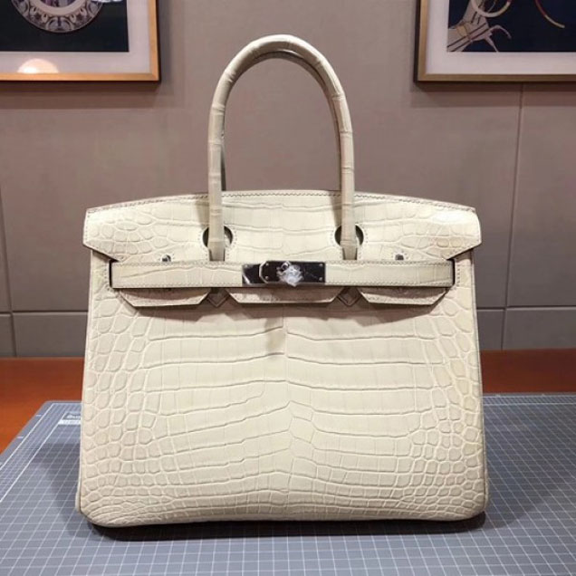 Hermes Birkin 30cm Shiny Niloticus Crocodile Skin Bag Handstitched Palladium Hardware, Beton 8L