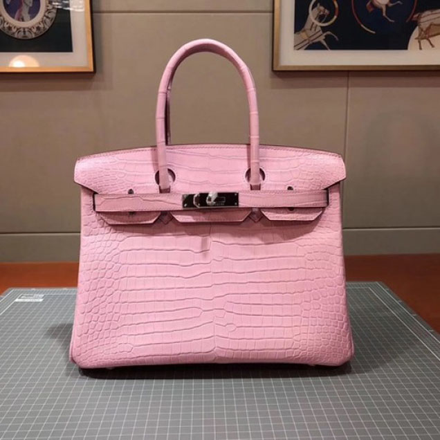 Hermes Birkin 30cm Shiny Niloticus Crocodile Skin Bag Handstitched Palladium Hardware, Pink 5P