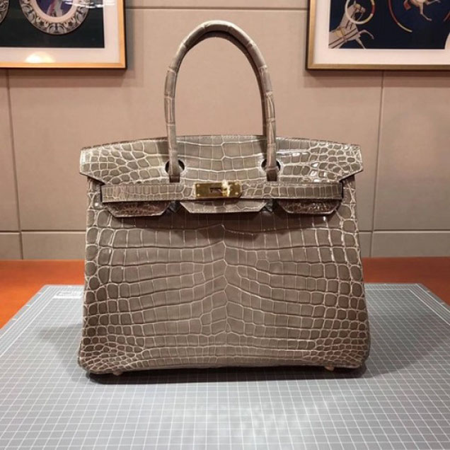 Hermes Birkin 30cm Shiny Niloticus Crocodile Skin Bag Handstitched Palladium Hardware, Etoupe