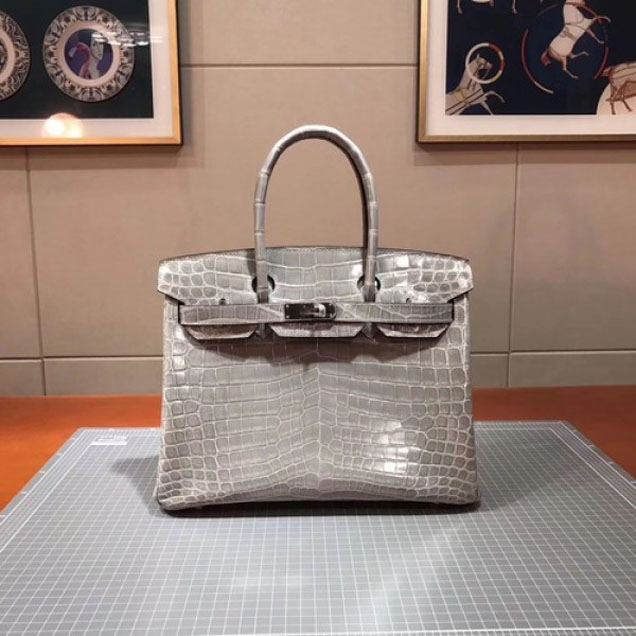 Hermes Birkin 30cm Shiny Niloticus Crocodile Skin Bag Handstitched Palladium Hardware, Taupe