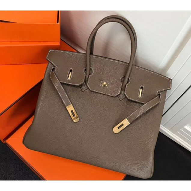 Hermes Clemence Leather Birkin 35cm Bag Etoupe with golden Hardware