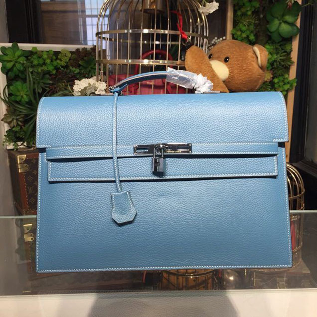 Hermes Kelly Depeche 38cm Briefcase Business Bag Togo Calfskin Leather Palladium Hardware Handstitched Blue Jean