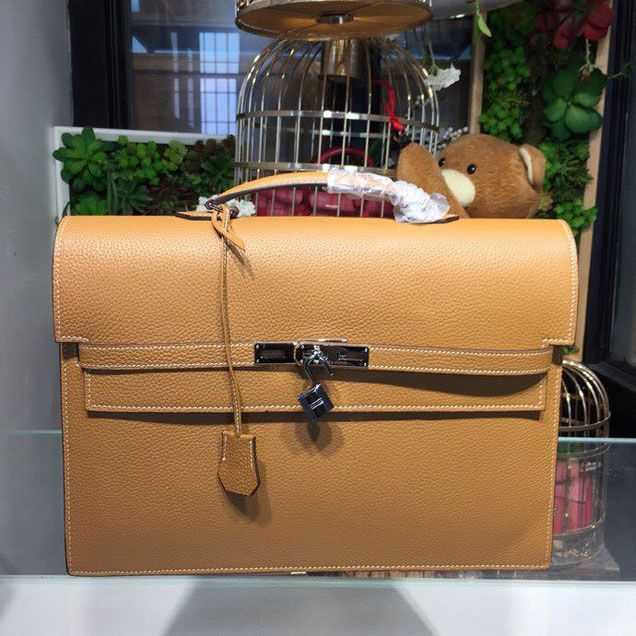 Hermes Kelly Depeche 38cm Briefcase Business Bag Togo Calfskin Leather Palladium Hardware Handstitched Gold