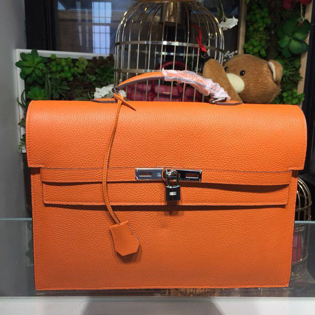 Hermes Kelly Depeche 38cm Briefcase Business Bag Togo Calfskin Leather Palladium Hardware Handstitched Orange