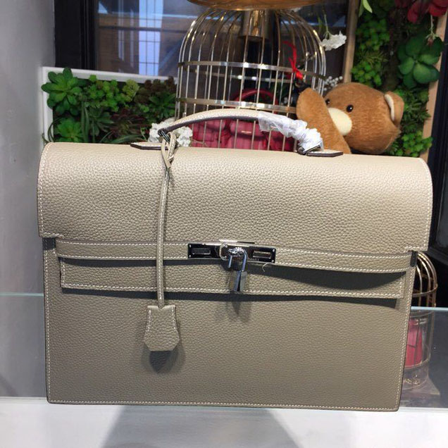 Hermes Kelly Depeche 38cm Briefcase Business Bag Togo Calfskin Leather Palladium Hardware Handstitched Etoupe