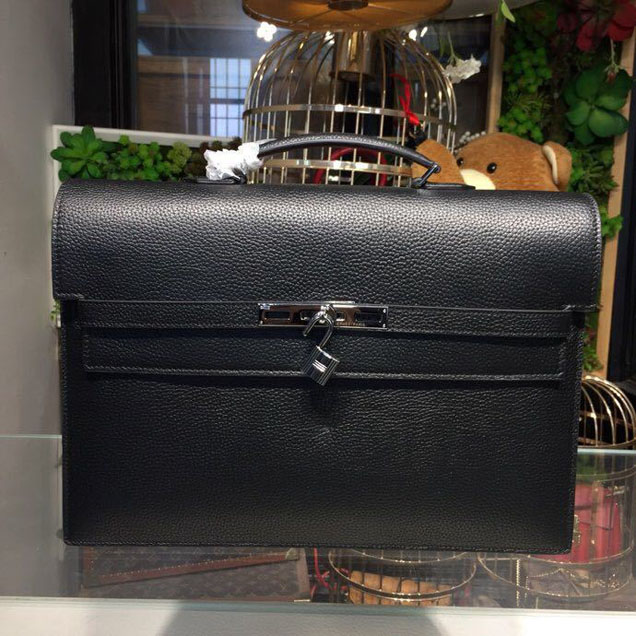 Hermes Kelly Depeche 38cm Briefcase Business Bag Togo Calfskin Leather Palladium Hardware Handstitched Black