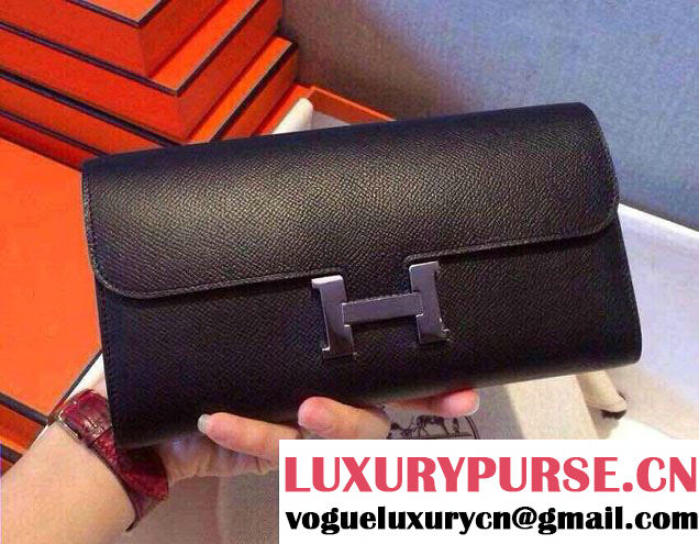 Hermes Epsom Calfskin Constance Long Wallet Clutch Bag Black 2014