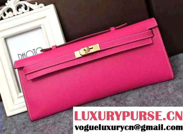 Hermes Original Epsom Leather Kelly Cut Clutch Bag Fushia 2016