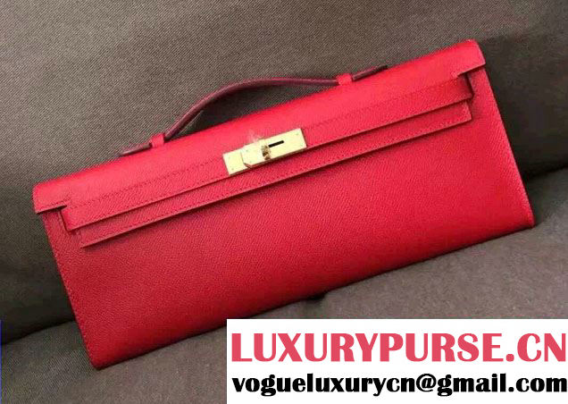 Hermes Original Epsom Leather Kelly Cut Clutch Bag Red 2016