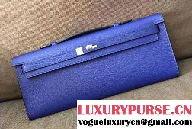 Hermes Original Epsom Leather Kelly Cut Clutch Bag Blue 2016