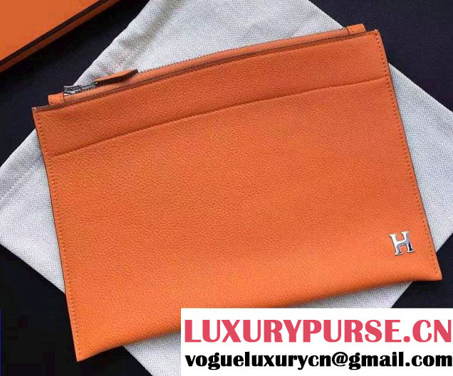 Hermes Original Leather Cosmetic Pouch Clutch Bag Orange