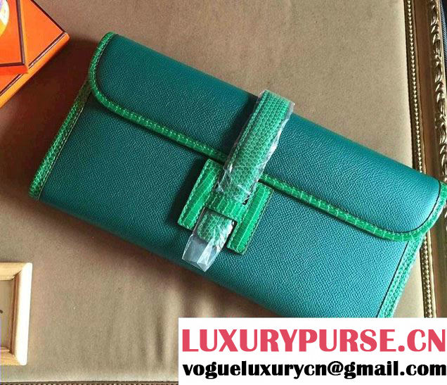 Hermes Jige Elan 29 Clutch Bag in Original Epsom Leather and Lizard Green