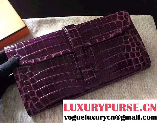 Hermes Jige Elan 29 Clutch Bag in Croco Pattern Leather Purple