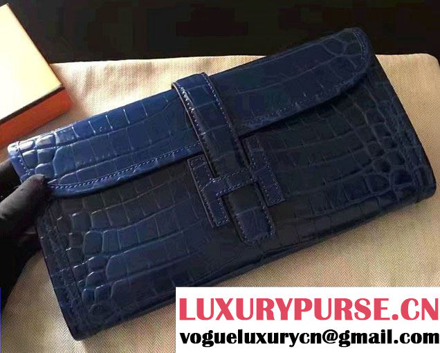 Hermes Jige Elan 29 Clutch Bag in Croco Pattern Leather Blue