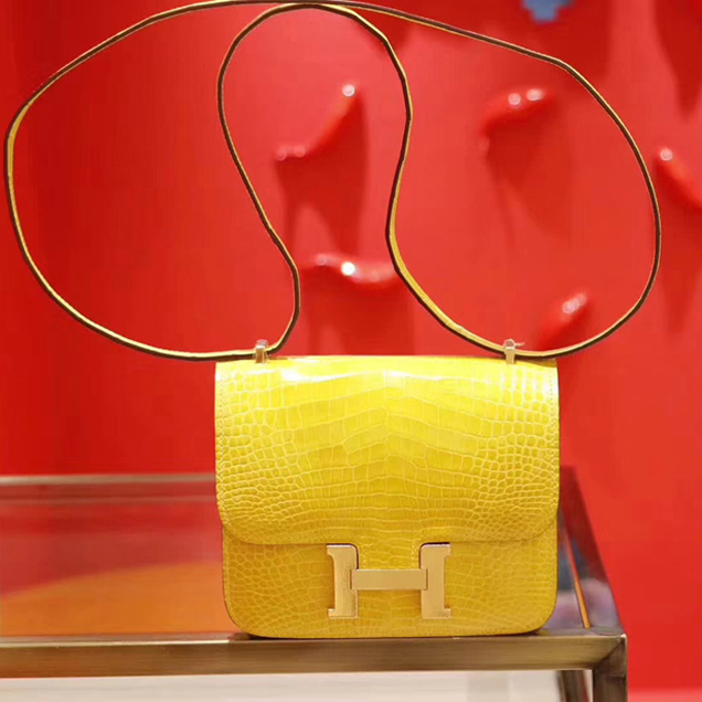 Hermes Constance Bag In Crocodile Leather Amber Yellow