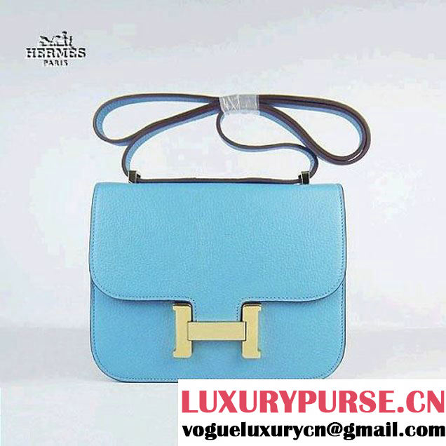 Replica Hermes H017 Light Blue Leather Gold Hardware