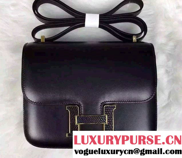 Hermes Original Box Leather Constance 18cm/23cm Bag Black/Lizard Leather Buckle Gold