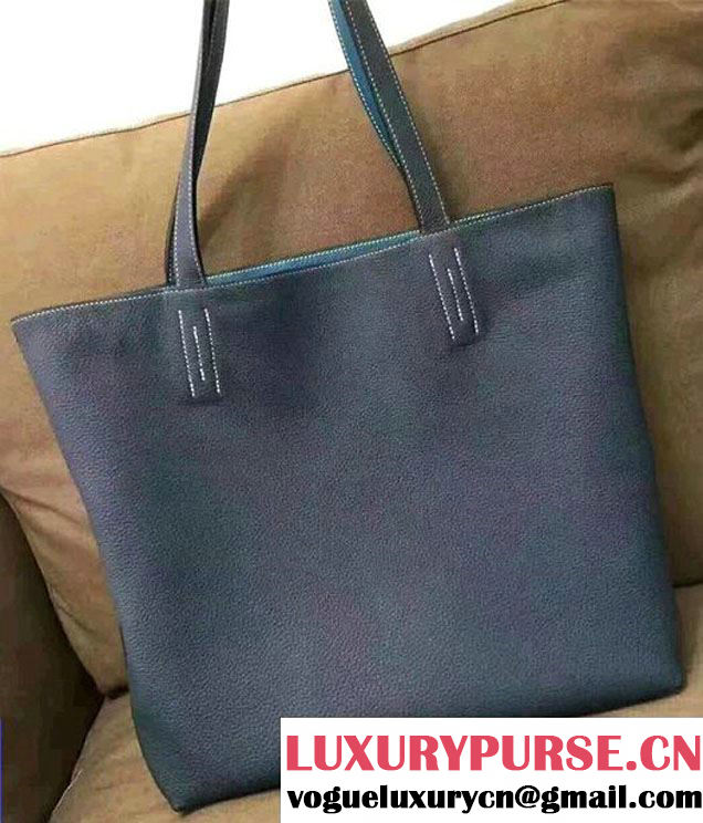 Hermes Double Sens Shopping Tote Bag In Original Togo Leather Dark Gary/Blue