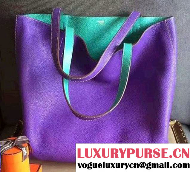 Hermes Double Sens Shopping Tote Bag In Original Togo Leather Purple/Green