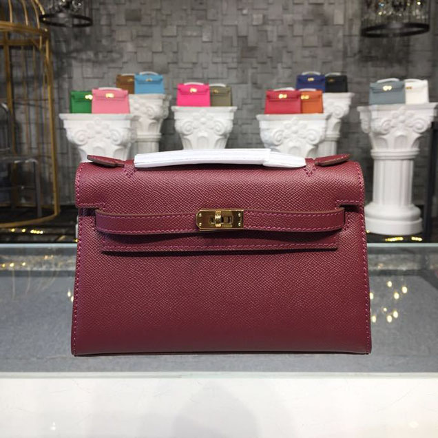 Hermes Mini Kelly KP Pochette 22cm Epsom Calfskin Gold Hardware Handstitched Burgundy