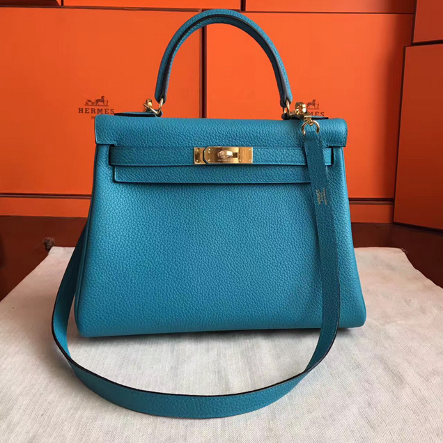 Hermes Kelly 28cm Bag Blue Jean Togo Leather