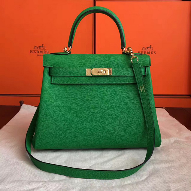 Hermes Kelly 28cm Bag Green Taurillon Clemence Leather