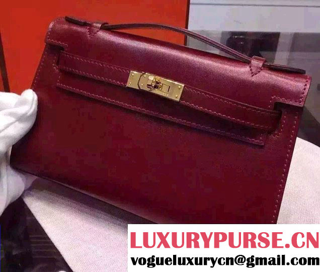 Hermes Mini Kelly 22 Box Leather Clutch Bag Burgundy